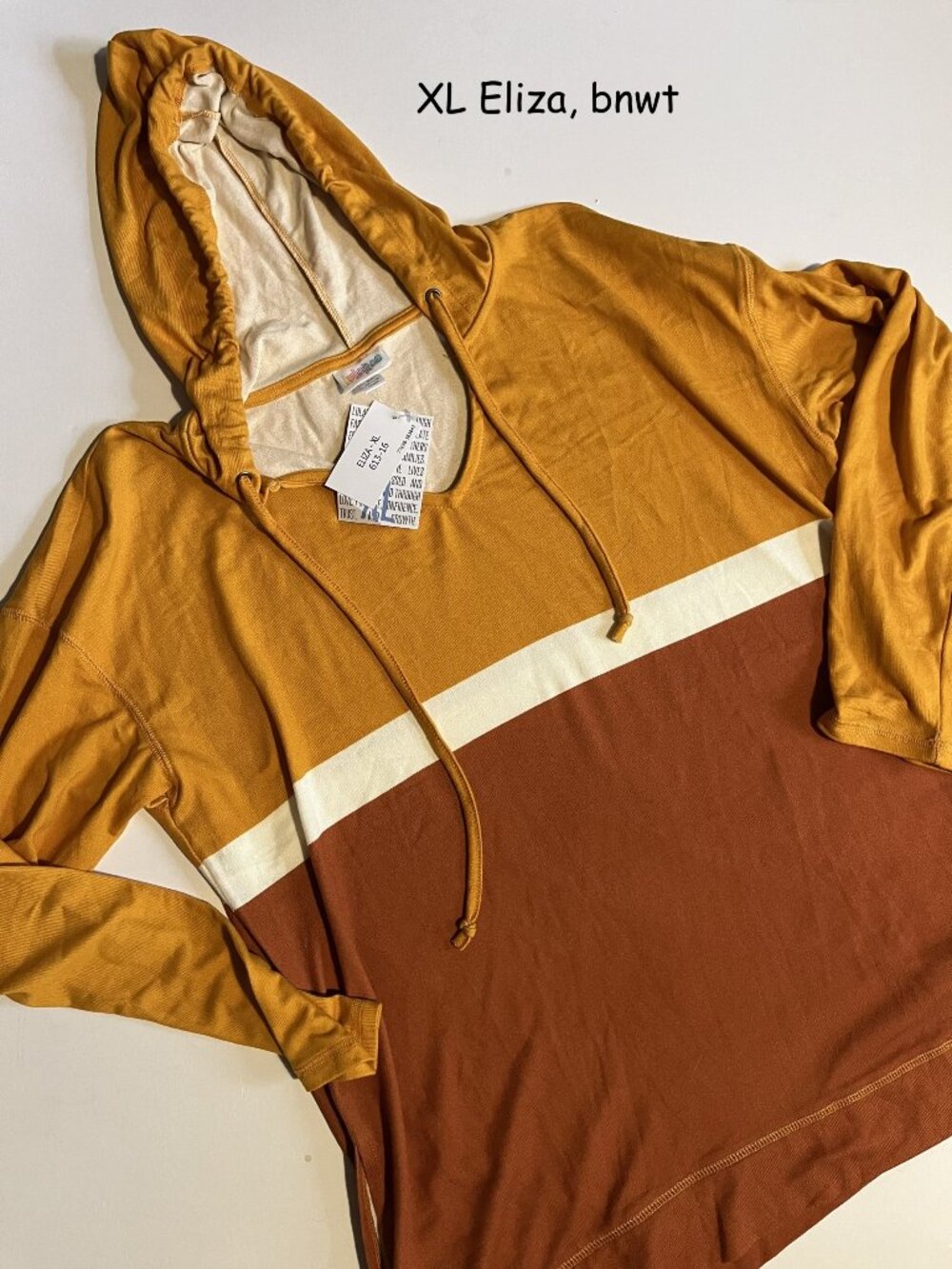 XL Lularoe Eliza hooded top, color block, gold, cream, and brown